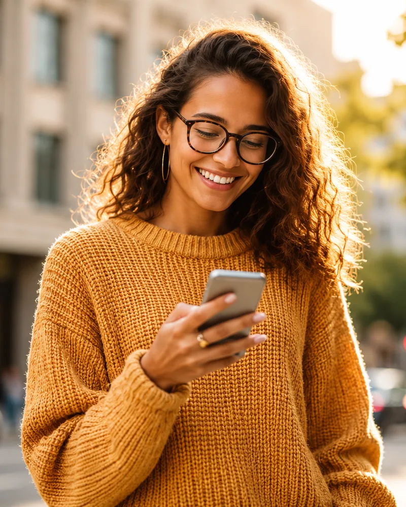 Woman smiling at her phone on a city street — applying for a loan online with Check n Go