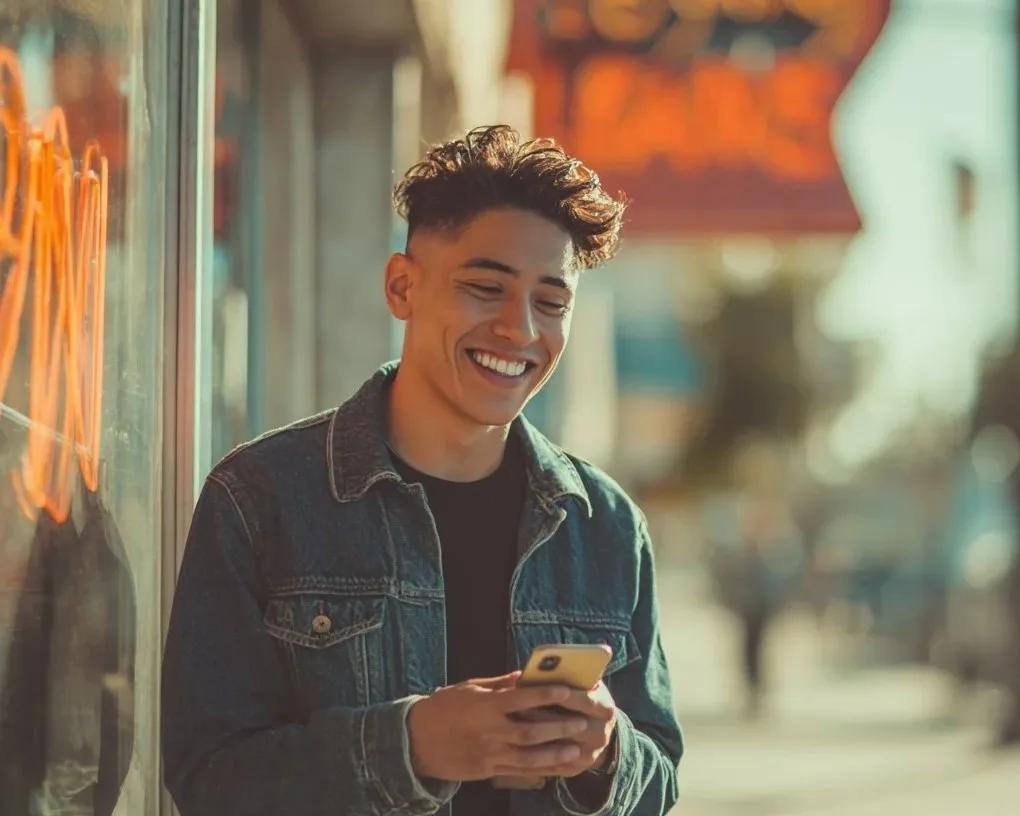 Young man smiling at his phone outside a store — applying for an installment loan with Check n Go