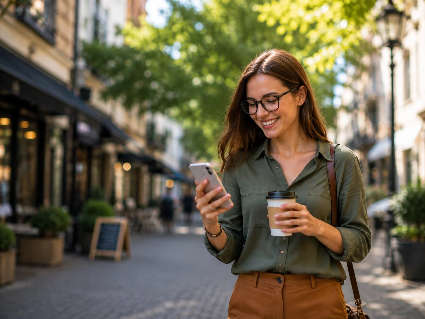 Woman checking her phone on a city street — applying for a payday loan with Check n Go